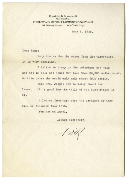Franklin D. Roosevelt Letter Signed From 1928, Writing to His Physical Therapist Helena Mahoney -- ''...You are an Angel...''